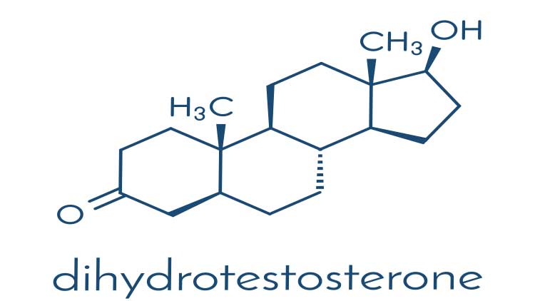 Dihydrotestosterone (DHT, androstanolone, stanolone) hormone molecule. Skeletal formula.