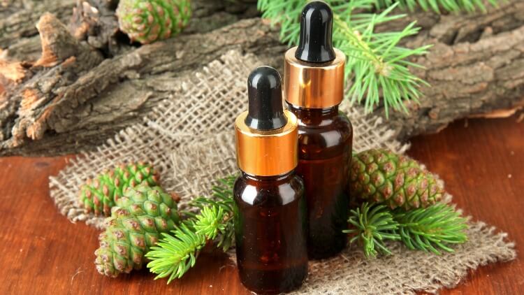 Bottles of fir tree oil and green cones on wooden table