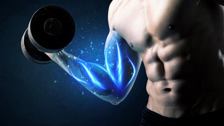Man lifting dumbbell with blue light around arm